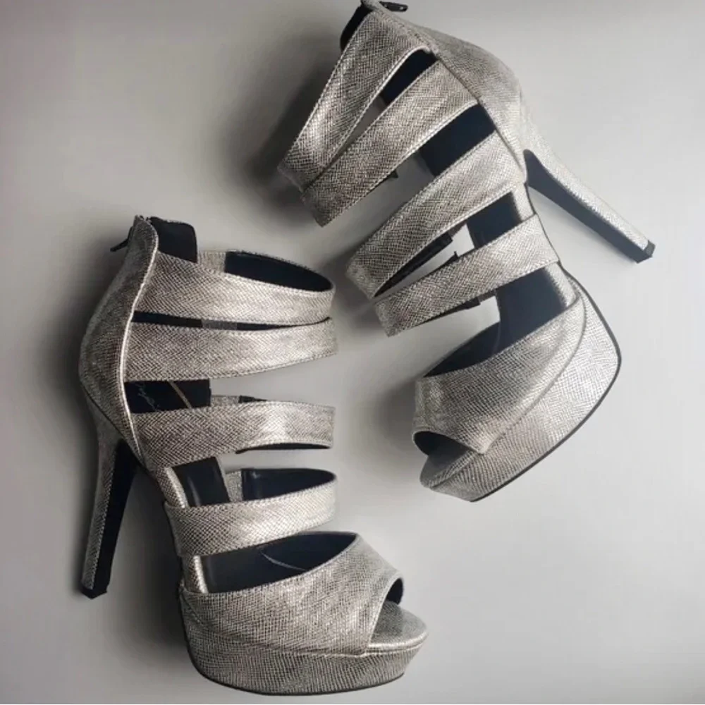 Silver Vegan Leather Strappy Platform Peep Toe Shoe